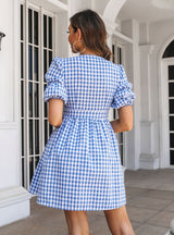 Plaid Deep V-neck Bubble Sleeve A-line Dress