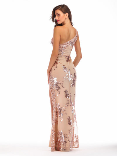 One-shoulder Backless Slit Sequined Dress
