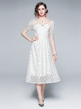 V-neck Lace Bubble Sleeve Vintage Dress