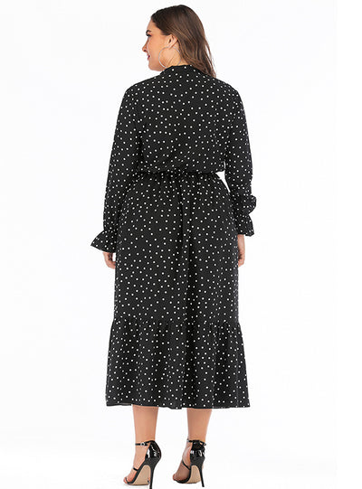 Black Polka Dot Printed Bow V-neck Long Sleeve Dress