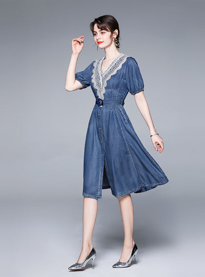 Lace Short Sleeve Loose Denim Dress