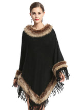 Fox Like Fur Collar Fringed Pullover Knitted Cape Shawl