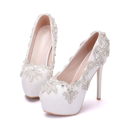 White Rhinestone Waterproof Platform Wedding Shoes