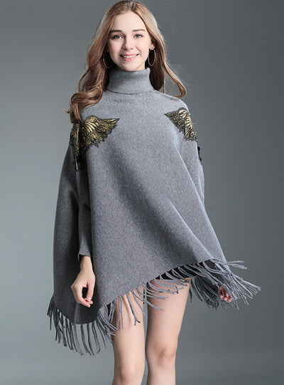 Pearl Cape Shawl Female Turtle Neck Knitted Pullover