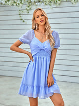 V Neck Solid Color Waist Short Sleeve Dress