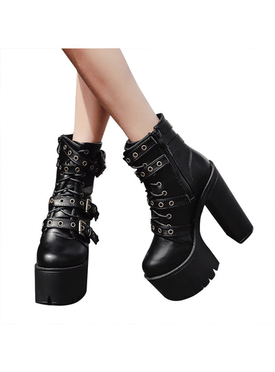 Rivet Black Ankle Boots Women Platform Soft Leather