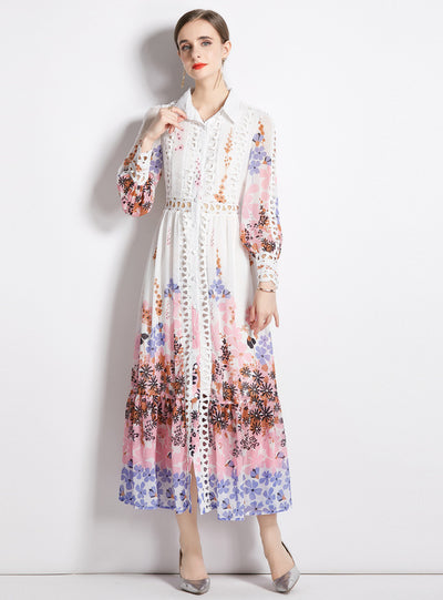 Bohemian Lapel Waist-exposed Hollow Print Long Dress