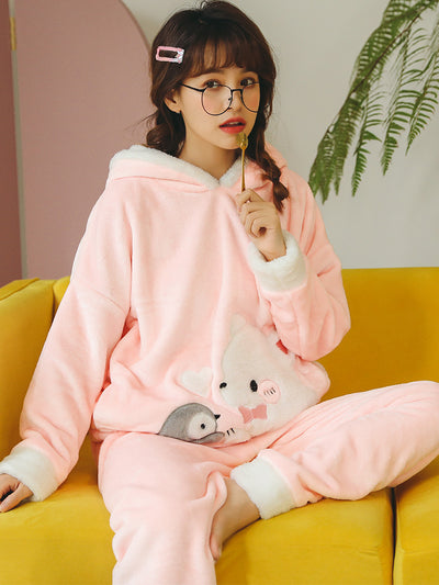 Blue Penguin Polar Bear Pajamas Female Coral Fleece Thick