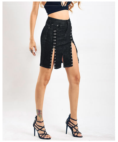 Women Rivet Split Jeans Skirt