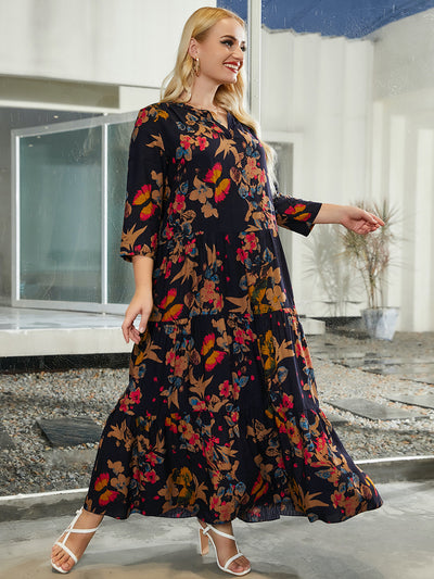 V-neck Cropped Sleeve Casual Splicing Dress