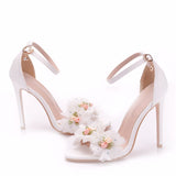 White Flower High Heel Fish Mouth Sandal