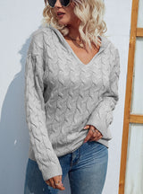 Solid Color V-neck Hooded Retro Twist Sweater