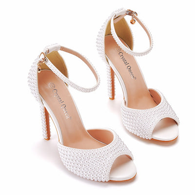 White Pearl Fish Mouth High-heeled Sandals