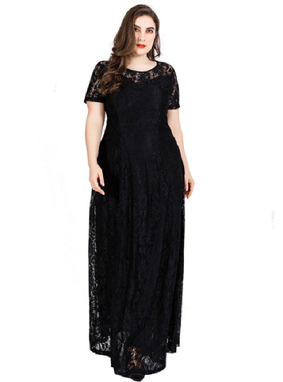 Short-sleeved Round Neck Crochet Evening Dress