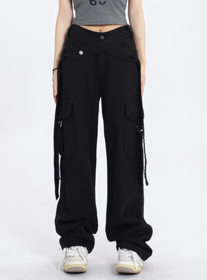Vintage Ribbon V-shaped Loose Wide-leg Pants