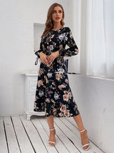 Women Button Print Long Sleeve Dress