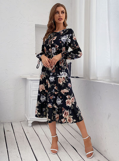 Women Button Print Long Sleeve Dress
