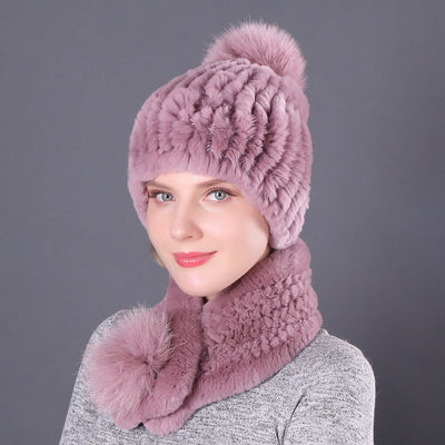 Rex Rabbit Fur Hat Scarf Winter Two-piece Set