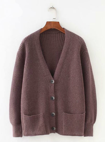 Women Cardigans Sweater V neck Solid Loose Knitwear