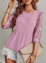 Solid Color Pullover Neck Printed Chiffon Blouse