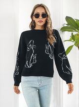 Cat Jacquard Loose Long Sleeve Sweater
