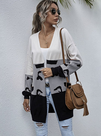 Leopard Print Stitching Cardigan Contrast Sweater