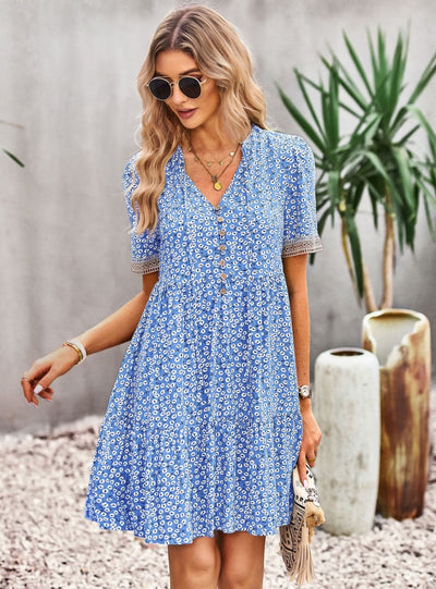 V-neck Floral Short-sleeved Dress