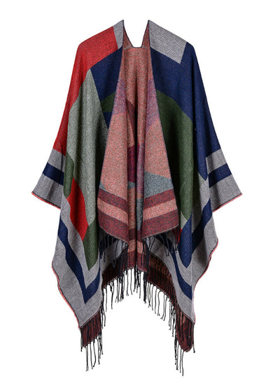 Jacquard Geometric Tassel Matching Contrast Split Cloak