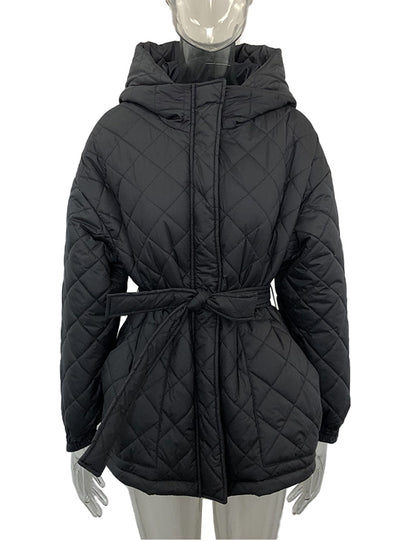 Women Fashion Solid Thick Short Coats Tie Belt Cotton Jackets