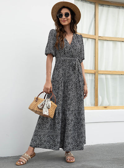 V-neck Printed Bubble Sleeve Dress