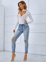 White Long Sleeve Deep V-neck Jumpsuit