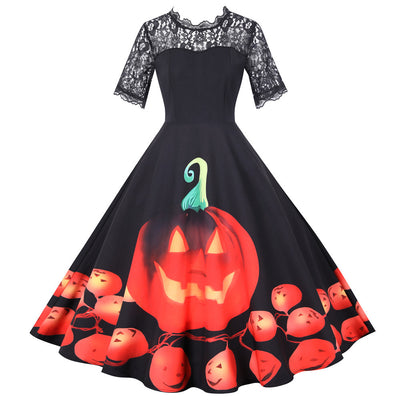 Halloween Lace Short Sleeve Print Dress
