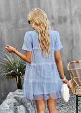 Mesh Stitching Round Neck Solid Color Dress