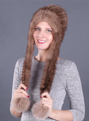 Mink Wool Woven Hat Ladies Mink Ear Hat