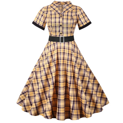 Retro Short Sleeve Plaid Print Dress