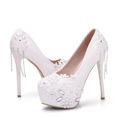 White Lace Rhinestone Pearl Wedding Shoes