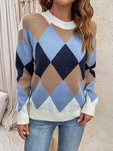 Pullover Diamond Pattern Contrast Sweater