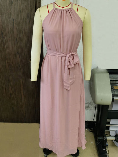 Pink Chiffon Halter Sleeveless Dress