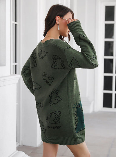 Dinosaur Jacquard V-neck Long Sleeve Sweater Dress