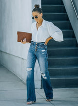 High Waist Single-breasted Straight Jeans