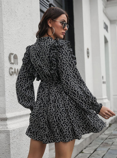 Ruffled Wood Ear Collar Long Sleeve Printed Dress