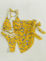 Butterfly Printed Gauze Skirt Three-piece bBikini