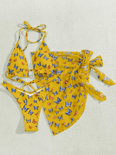 Butterfly Printed Gauze Skirt Three-piece bBikini