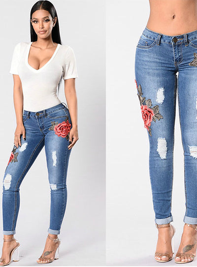 Pencil Embroidery Jeans Ripped For Woman 