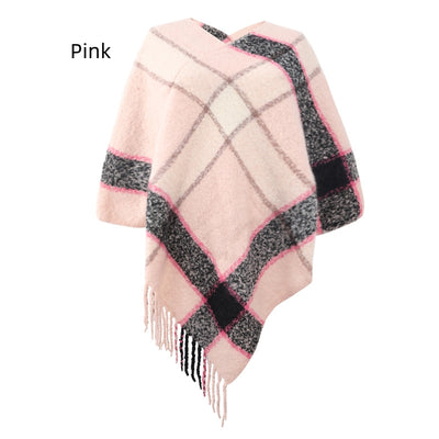 Contrasting Striped Cloak Fringed Scarf Shawl