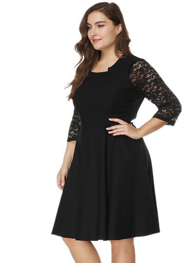 Plus Long Sleeve Lace Stitching Dress