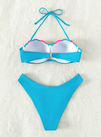 Solid Color Shell Steel Support Split Swimsuit