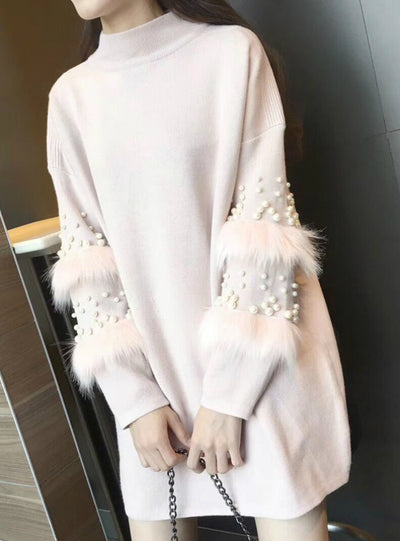 Knitted Dress Loose Pink Long Sleeve Women Sweater