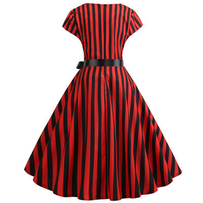 Striped Waist Big Swing Print Dress