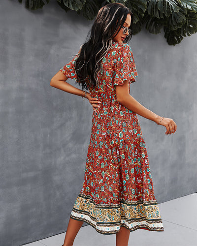 V-neck Short Sleeve Bohemian Printed Dress